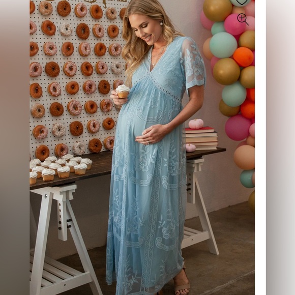 PinkBlush Light Blue Lace Mesh Overlay Maternity Maxi Dress - Picture 4 of 4